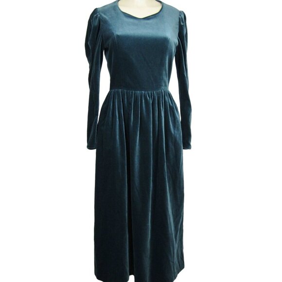 VTG LAURA ASHLEY S M Velour Velvet Whimsigoth Goth Witchy Midi Maxi Teal Dress - Picture 1 of 11